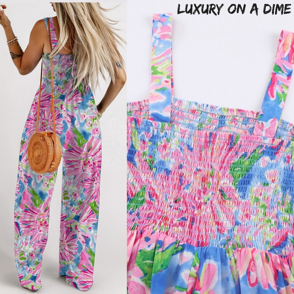 Palm Beach Floral Smock Sleeveless Wide Leg One Piece Pocket Pant Jumpsuit Pink - Picture 3 of 12